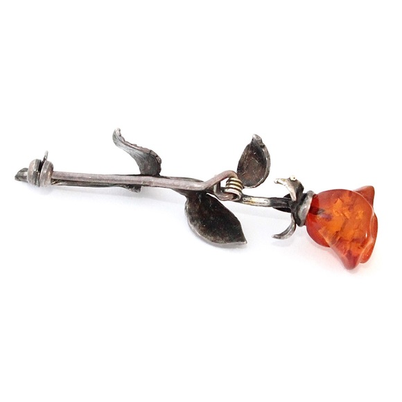 Vintage Baltic Amber Sterling Silver Rose Brooch Carved Flower Long Stem Pin - Picture 3 of 4